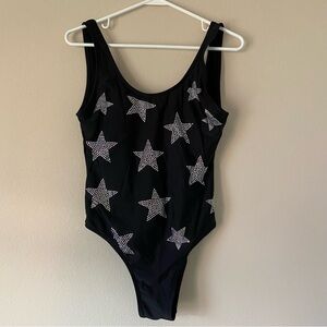 SHEIN Black Spaghetti Strap Bodysuit Low Back Star Sparkle Glitter Party Festive